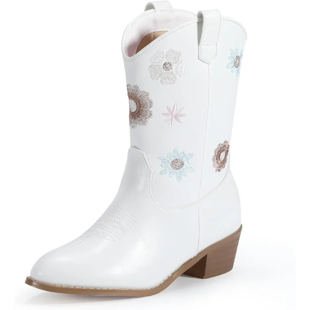🆕Girls White Polyurethane Cowboy Floral Embroidered Western Cowgirl Boots